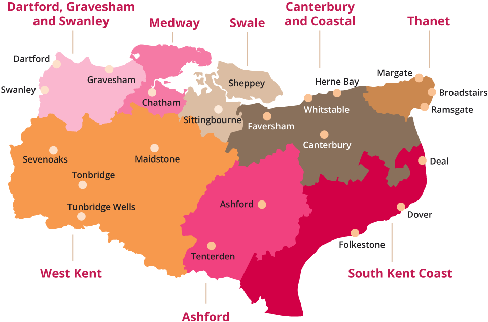 A map of Kent showing our seven service areas